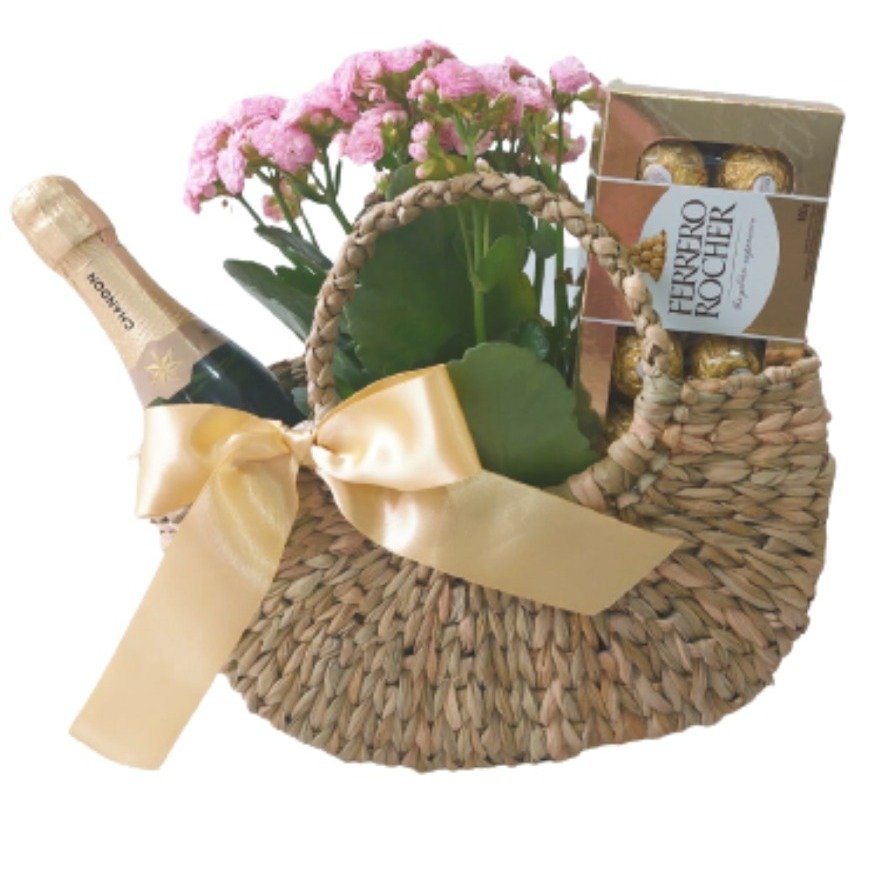 Cesta de Palha com Flor, Ferrero e Chandon - vista alternativa