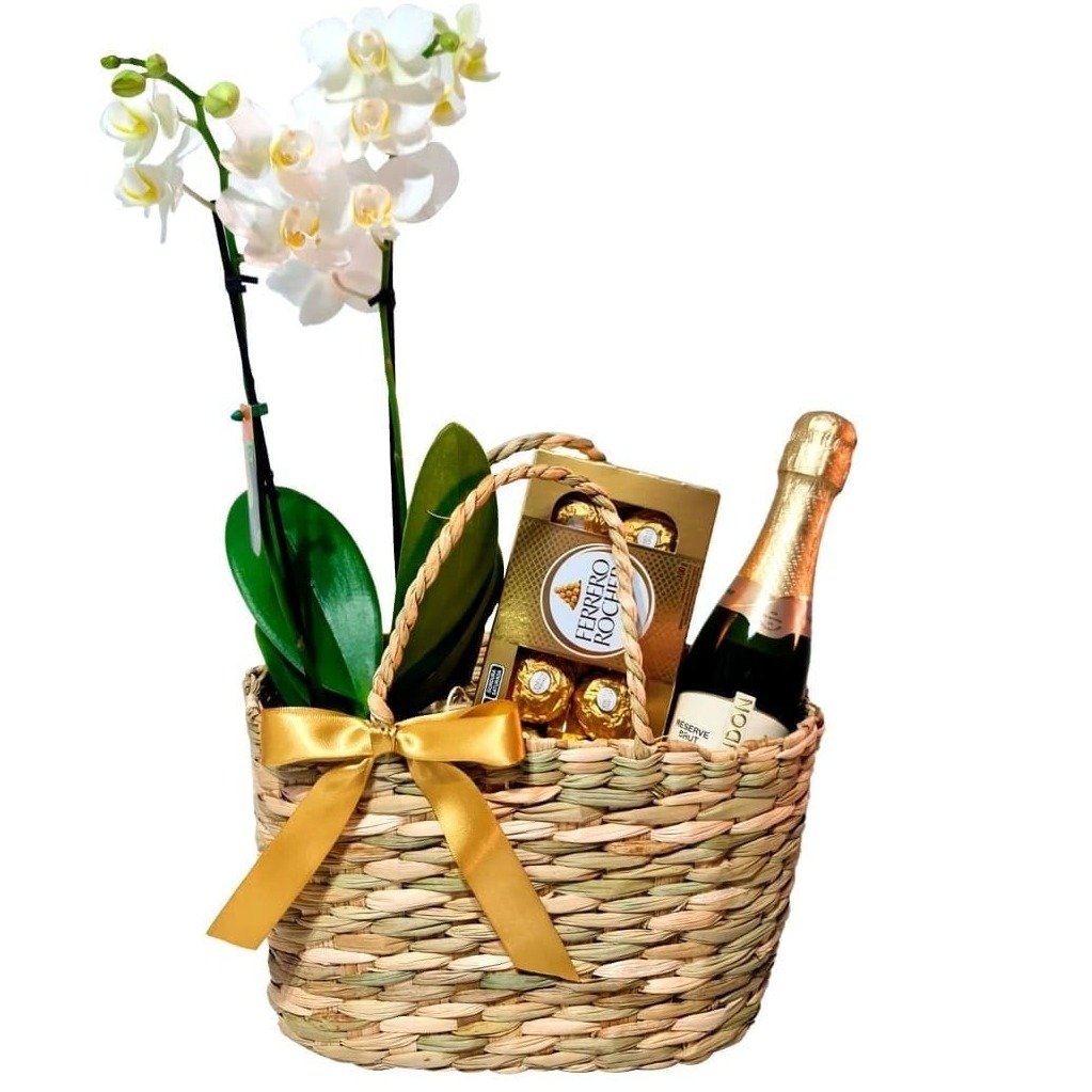 Cesta de Palha com Orquídea, Bombons e Espumante - foto 4