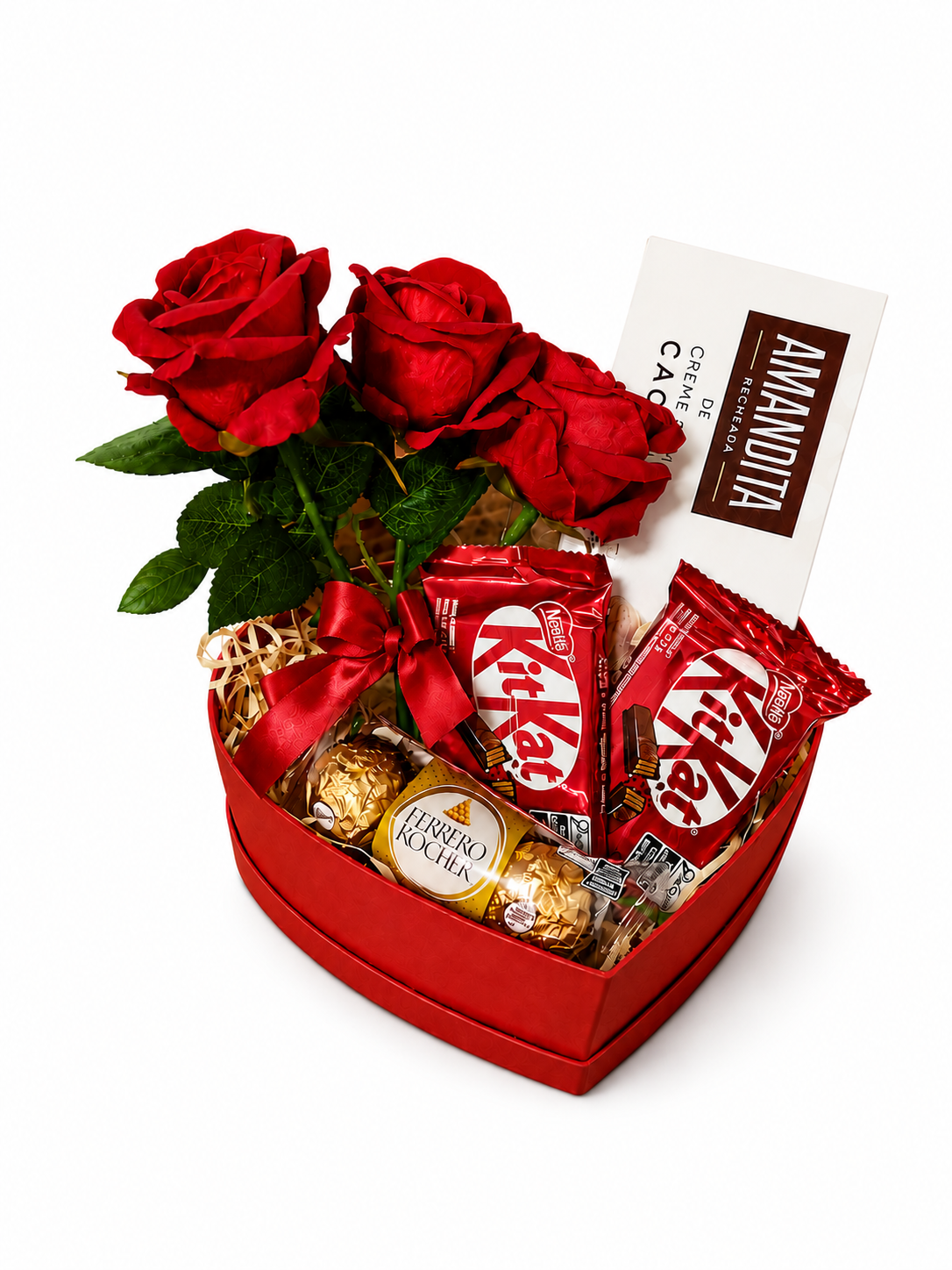 Cesta Coração, Rosa e Chocolates Namorados